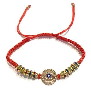 Evil Eye Of Protection Macrame Bracelet Red Gold With Rhinestones